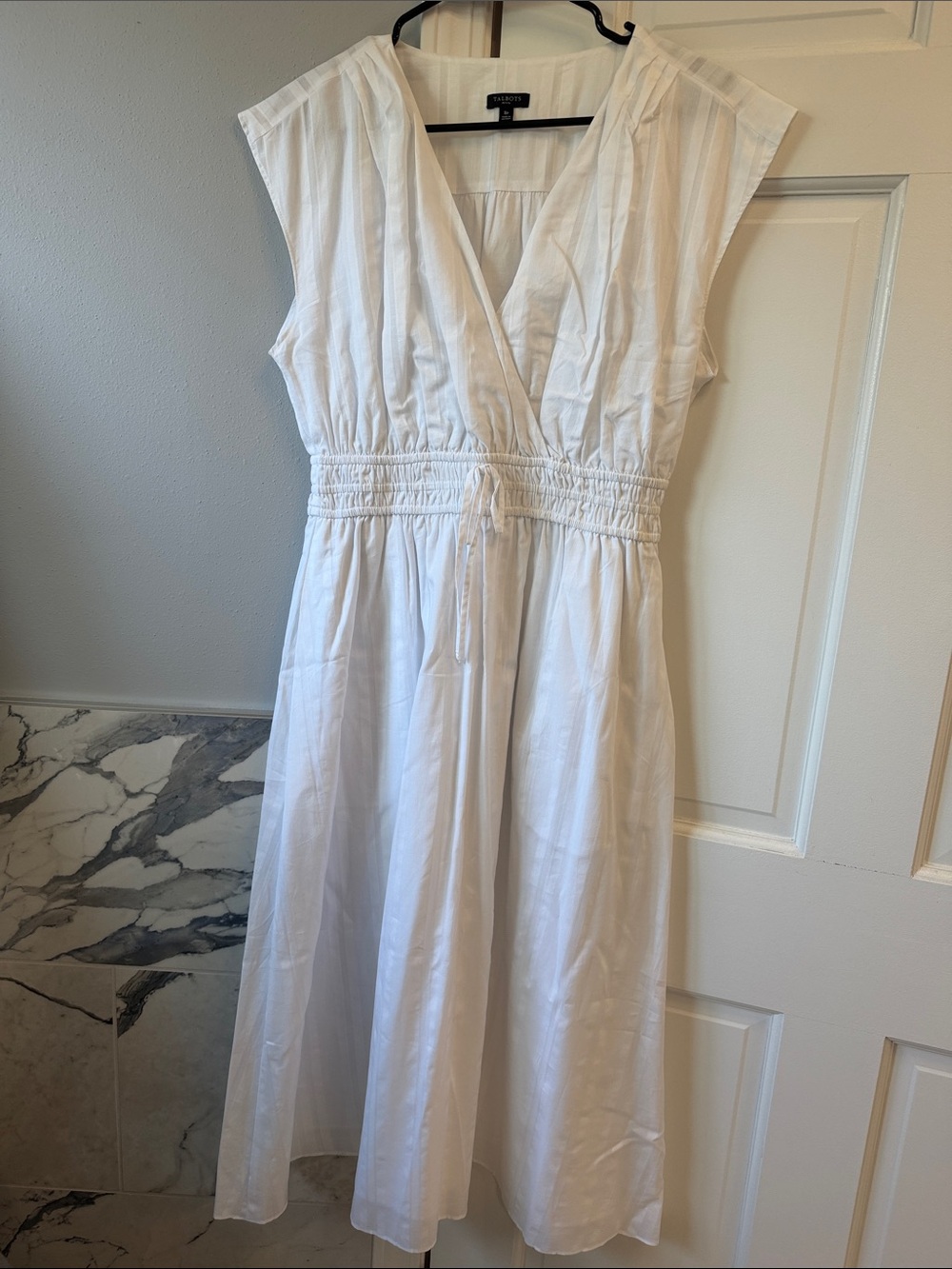Talbots White V-Neck Smocked-Waist Midi a-line Dress, new - Picture 6 of 7